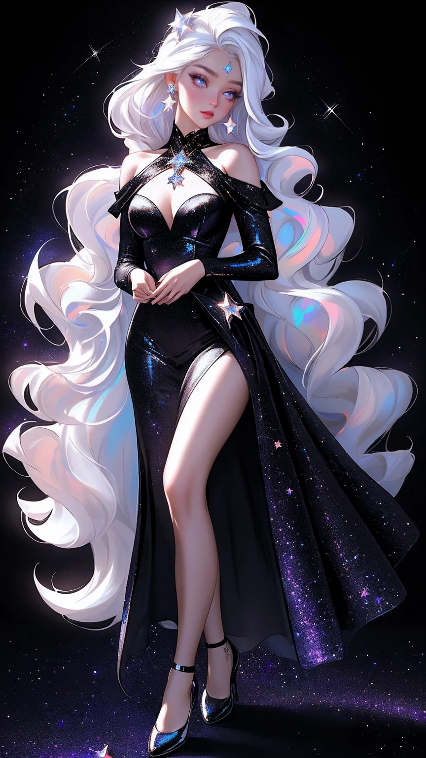 {-erro_de_anatomia:1.0} masterpiece, highest quality, (perfect face:1.1, (high detail)1.1, sweet stardust vampire , long soft white hair, opal eyes, perfectly drawn face, black dress, stars detailed background, prismatic lighting, glitter, whole body, Dancing lightly, Very sexy, with chin resting on shoulder , walking on the stars with cristal shoes, holding a star in her hands