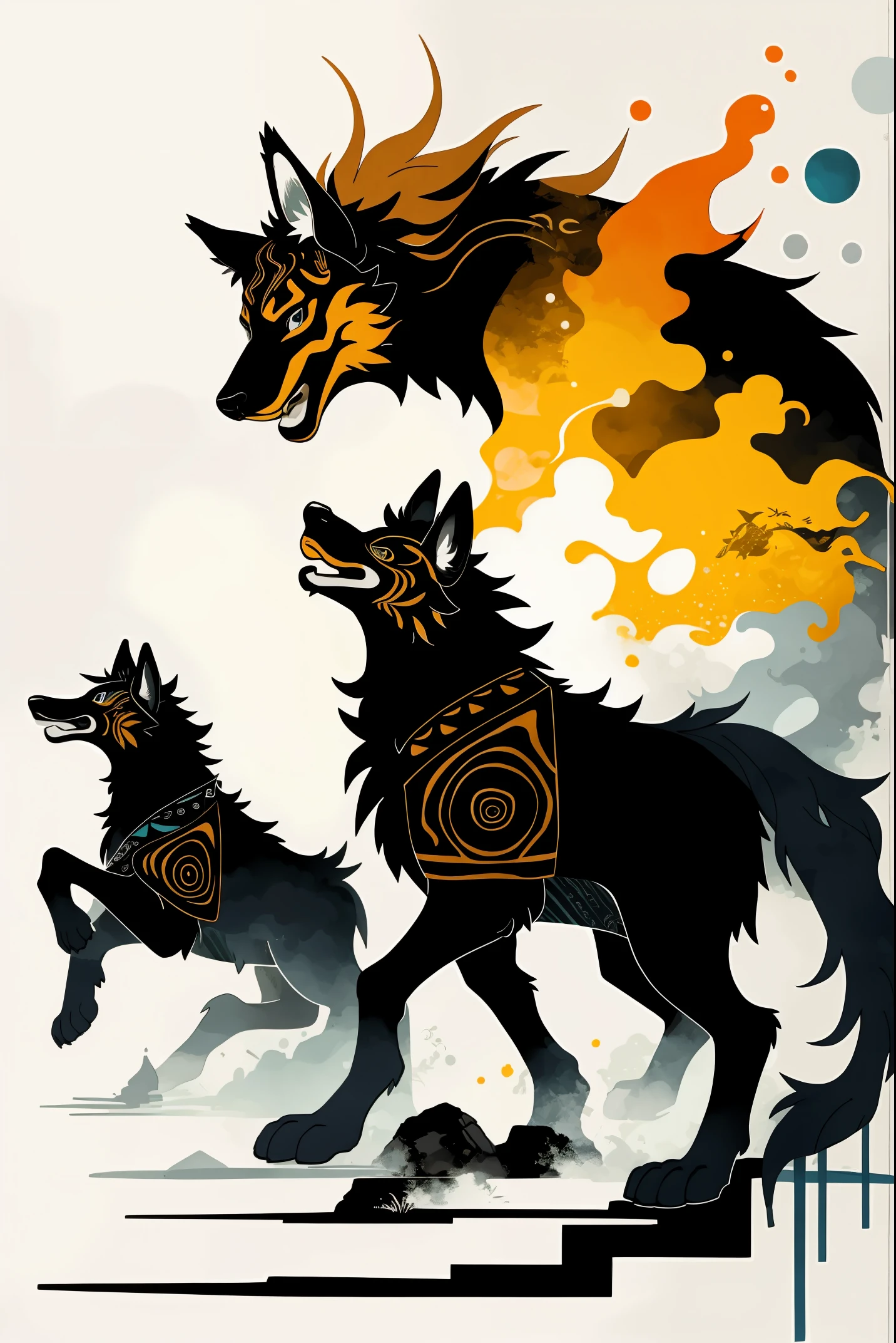 8k, Tribal Spirit animals, A t-shirt design inspired by tribal art and folklore, featuring intricately detailed spirit animals such as wolves, The design incorporates geometric patterns and bold linework to create a striking and powerful composition, white background,