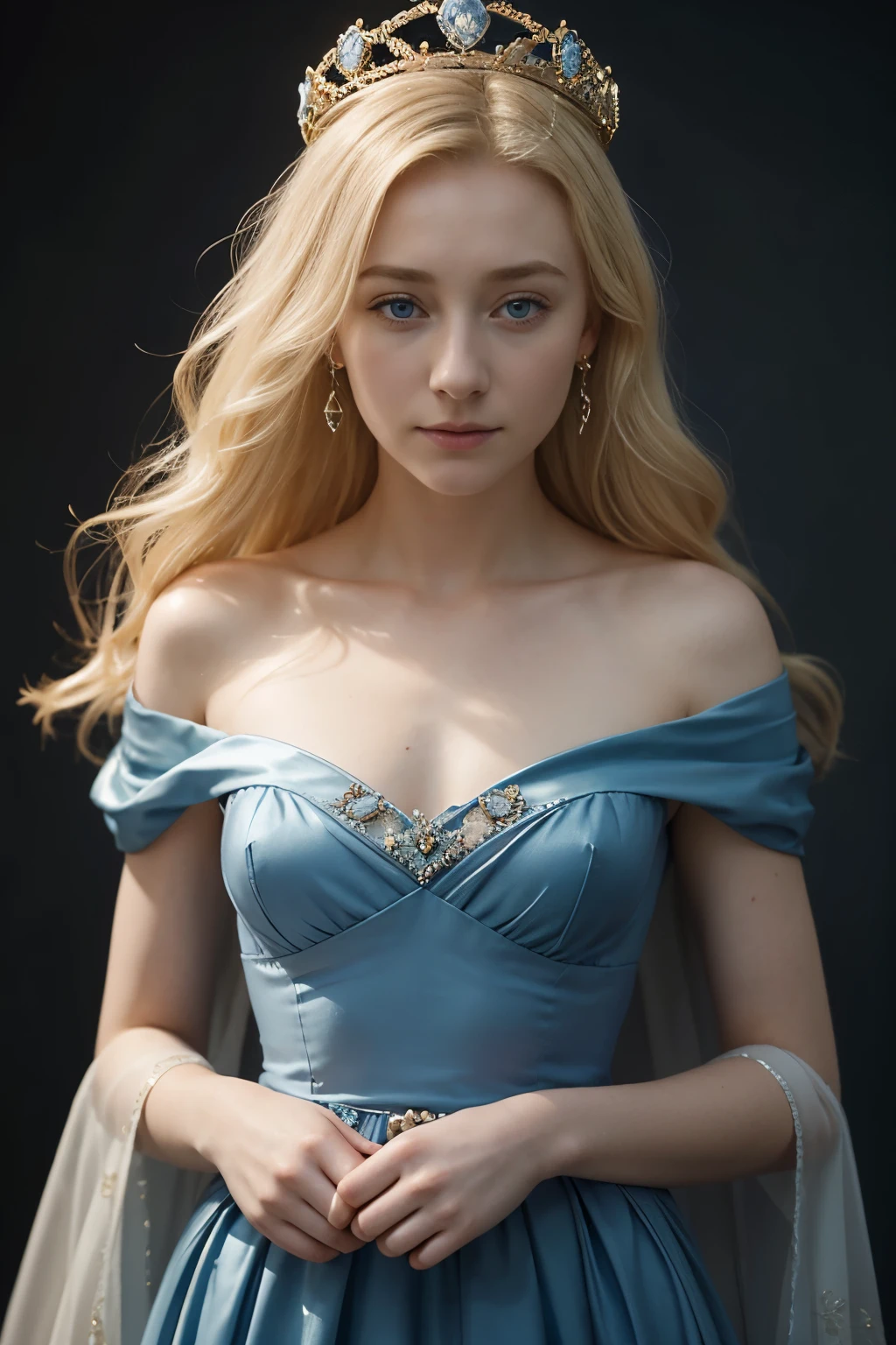 Blonde woman with a crown and a clear blue eyes, Saoirse Ronan, simple jewels, twenty years, dark blue regency dress, 1814