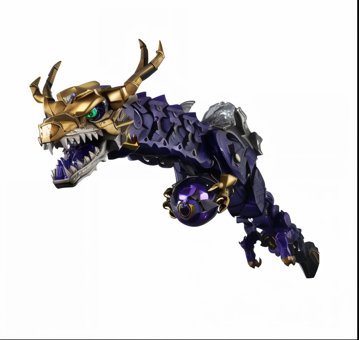 a close up of a toy dragon with a purple body and a gold head, with robot dragon head, robot dragon head, sharp robot dragon claws, sharp cyborg dragon head, sharp sleek cyborg dragon head, robot mecha female dragon head, robot dragon claws, zoids art, sharp robot dragon paws, detailed sharp robot dragon feet, robot dragon four fingered hands