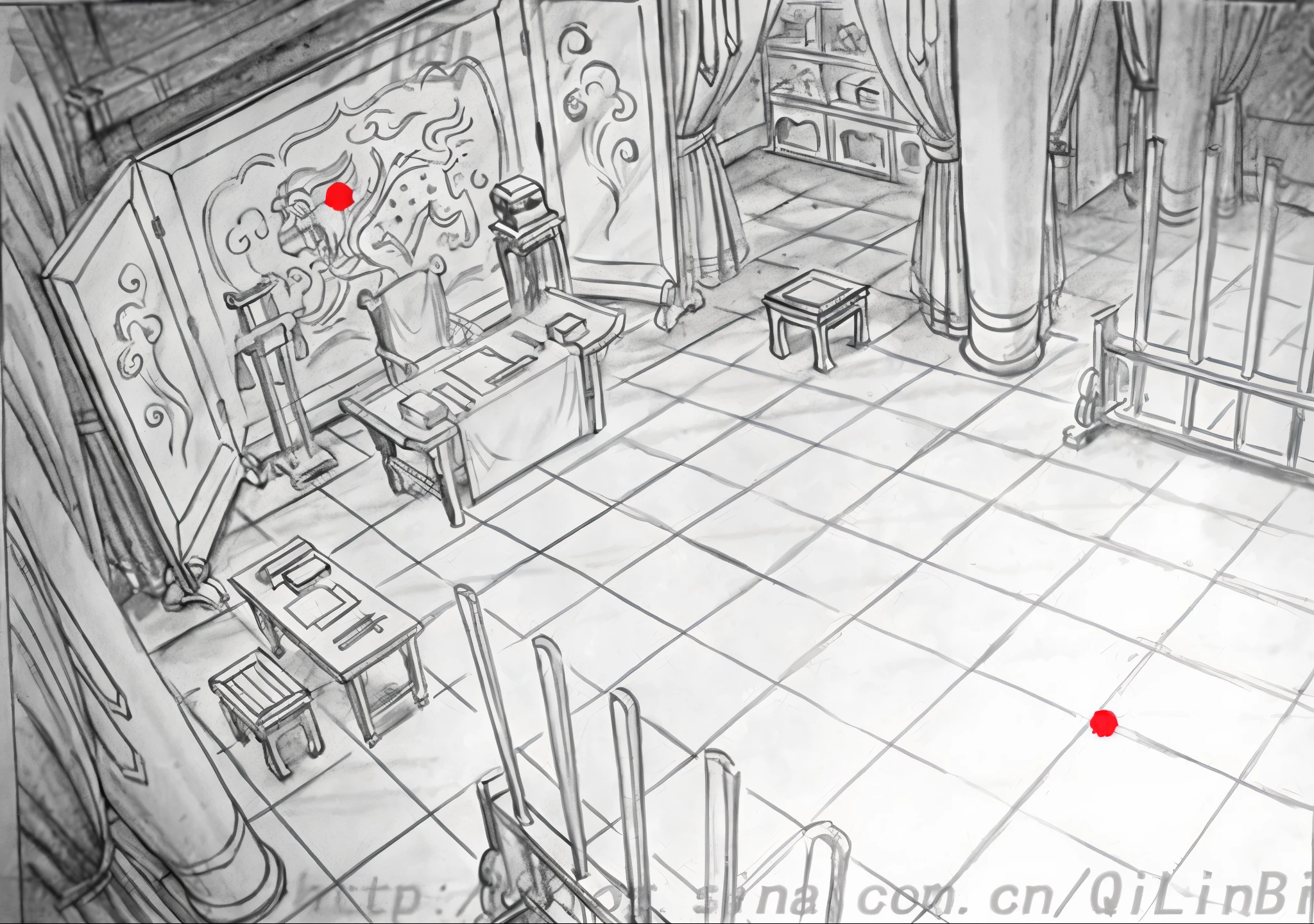 Draw a table、chair room, Ruvana Concept Art Library, environment design, concept art, court sketch, concept art scene, Detailed set design, interior background art, 2D游戏environment design, Concept art is very detailed, 视频游戏concept art, professional concept art, Madhouse studio anime style