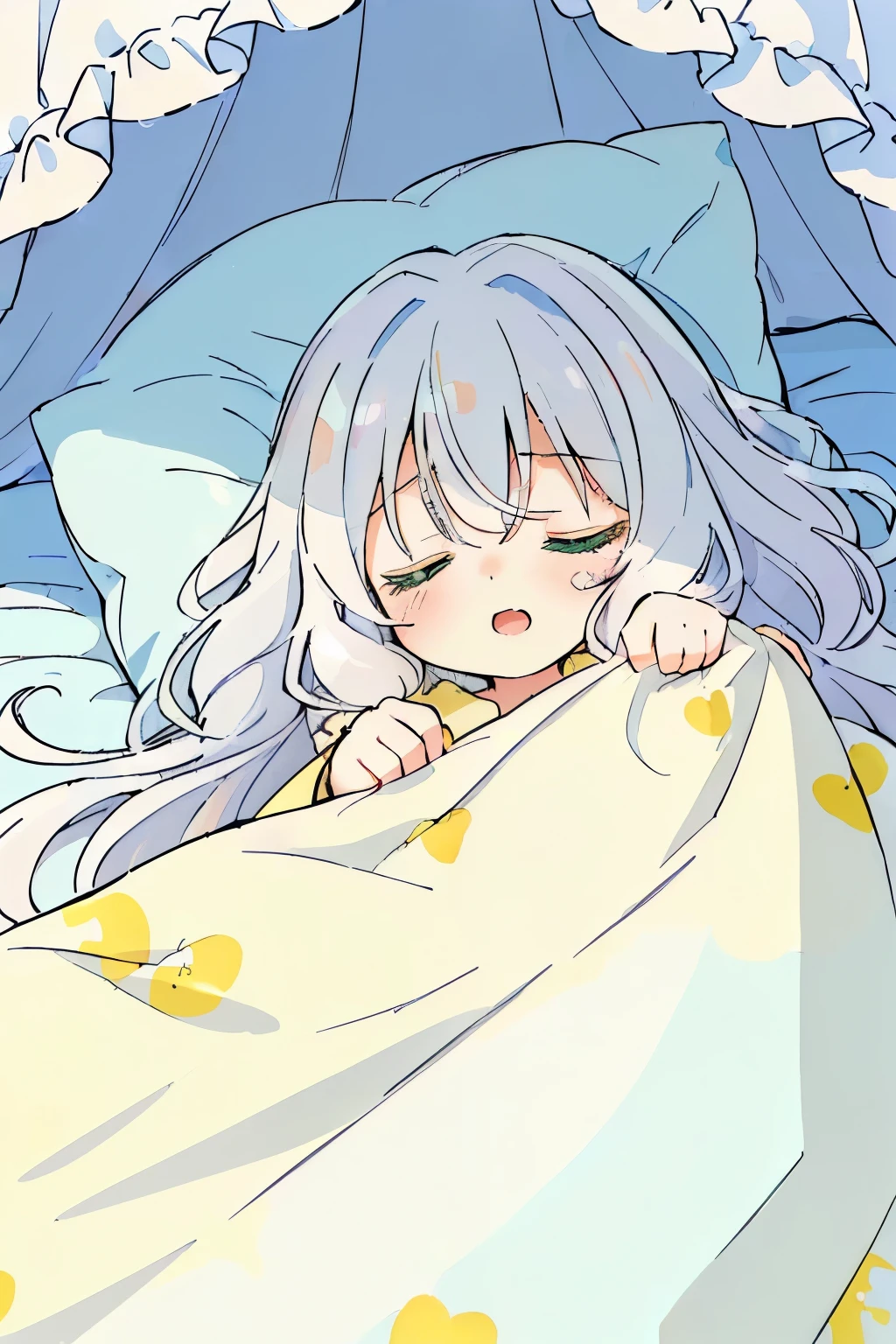 (Fluffy and sparkling bedroom),(bed with canopy:1.4),(sleeping with a blanket over:1.4),(A fluffy and warm blanket:1.3),blush,Chibi,cute,girl,Happy sleeping face,(Sleeping with your eyes closed:1.3),(A sluggish face with an open mouth:1.3),(close up of face:1.15),(Fluffy white hair with a lot of hair:1.3),(Long curly hair with plenty of volume:1.3),(pajamas loungewear:1.2),(Going to bed:1.5),(♡:1.4),(sleep on your back:1.35),(light blue, white and yellow green:1.2),