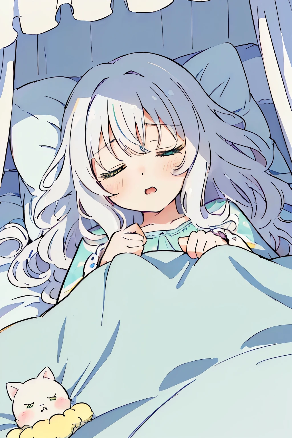 (Fluffy and sparkling bedroom),(bed with canopy:1.4),(sleeping with a blanket over:1.4),(A fluffy and warm blanket:1.3),blush,Chibi,cute,girl,Happy sleeping face,(Sleeping with your eyes closed:1.3),(A sluggish face with an open mouth:1.3),(close up of face:1.3),(Fluffy white hair with a lot of hair:1.3),(Long curly hair with plenty of volume:1.3),(pajamas loungewear:1.2),(Going to bed:1.5),(♡:1.4),(sleep on your back:1.35),(light blue, white and yellow green:1.2),