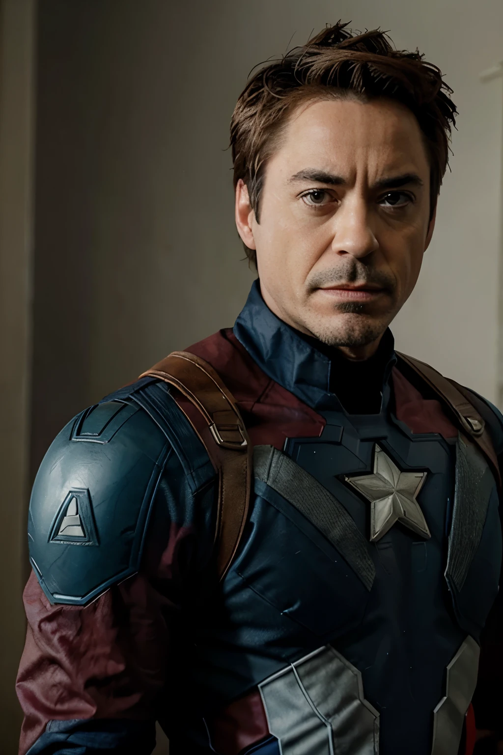 robert downey jr dressed as captain america, olhar heroico, Facing the camera directly