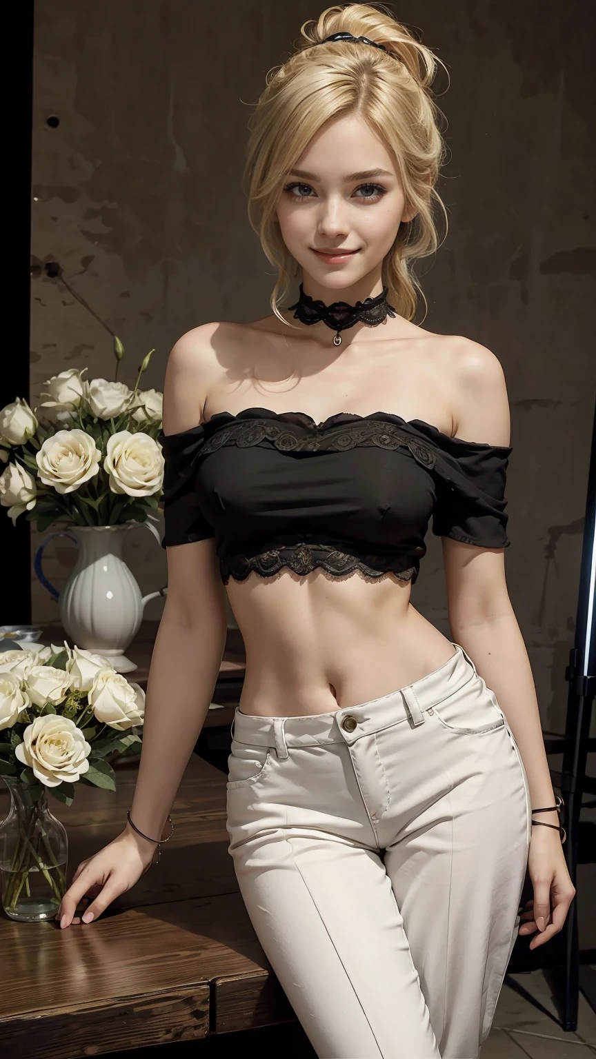 22 year old white female、hair color is blonde、eye color is blue、long hair、setting hair、Have a ponytail、accessories on wrist、I&#39;m wearing a choker、skin is smooth、smile、Slender but muscular body、My heart is pounding、high resolution、Skin is shiny、Wearing a lace off-shoulder top、I'm wearing pants、I&#39;m wearing pumps、In front of Horizont in the photo studio、Flowers are arranged in a vase on a narrow medieval table.