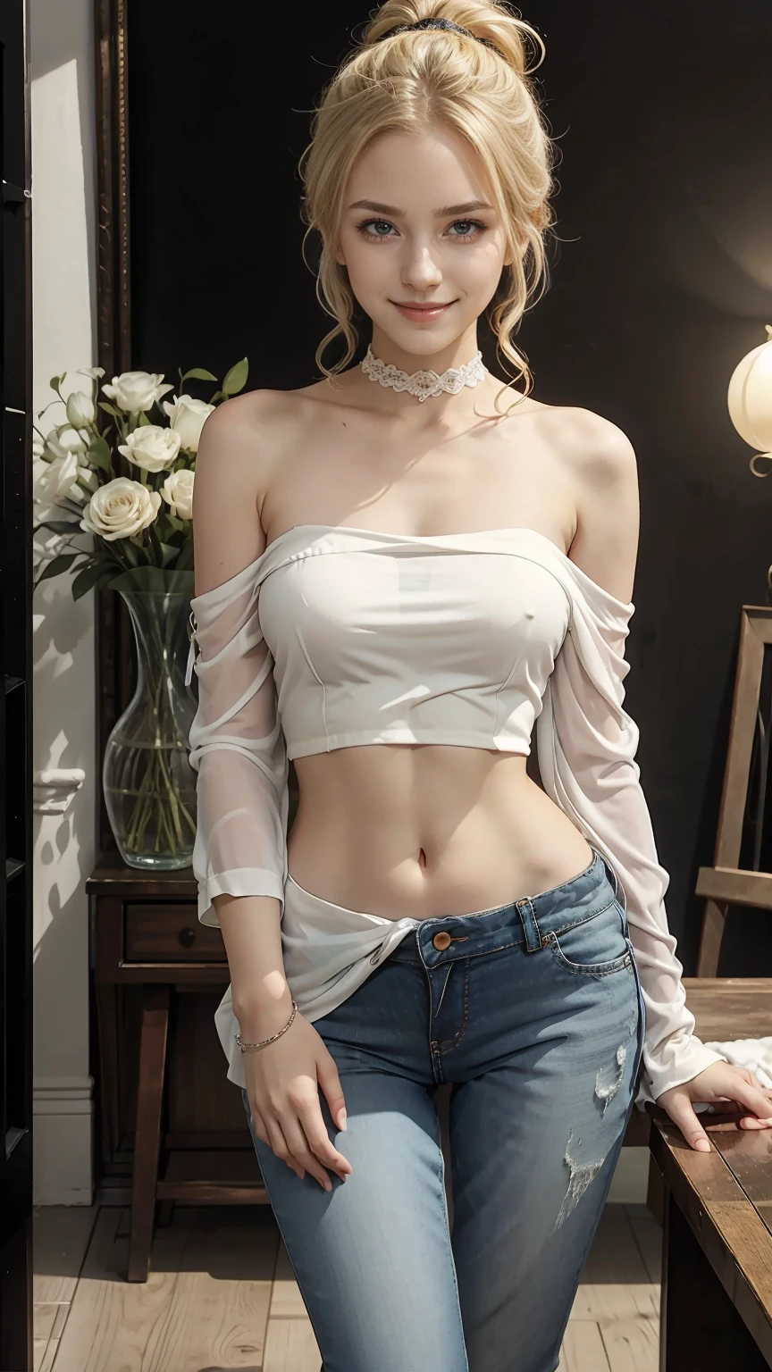 22 year old white female、hair color is blonde、eye color is blue、long hair、setting hair、Have a ponytail、accessories on wrist、I'm wearing a choker、skin is smooth、smile、Slender but muscular body、My heart is pounding、high resolution、Skin is shiny、Wearing a lace off-shoulder top、I'm wearing pants、I'm wearing pumps、In front of Horizont in the photo studio、Flowers are arranged in a vase on a narrow medieval table.