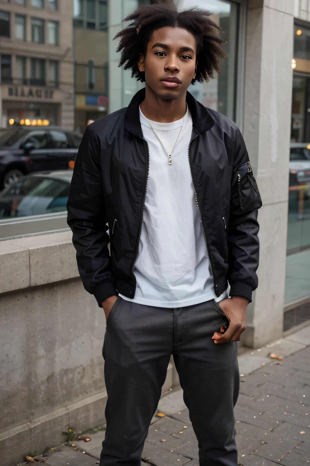 Beaux mecs noirs, avec un visage parfait, 17 ans, debout, Avec veste, il est grand avec une coupe afro, dans une ville