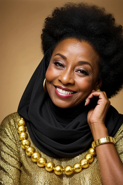 fotografia de uma mulher cigana, pele negra, com mais de 60 anos, (smiling facial expression), Pele texturizada, cabelo afro negro, vestido amarelo, with hijab and lots of jewelry.