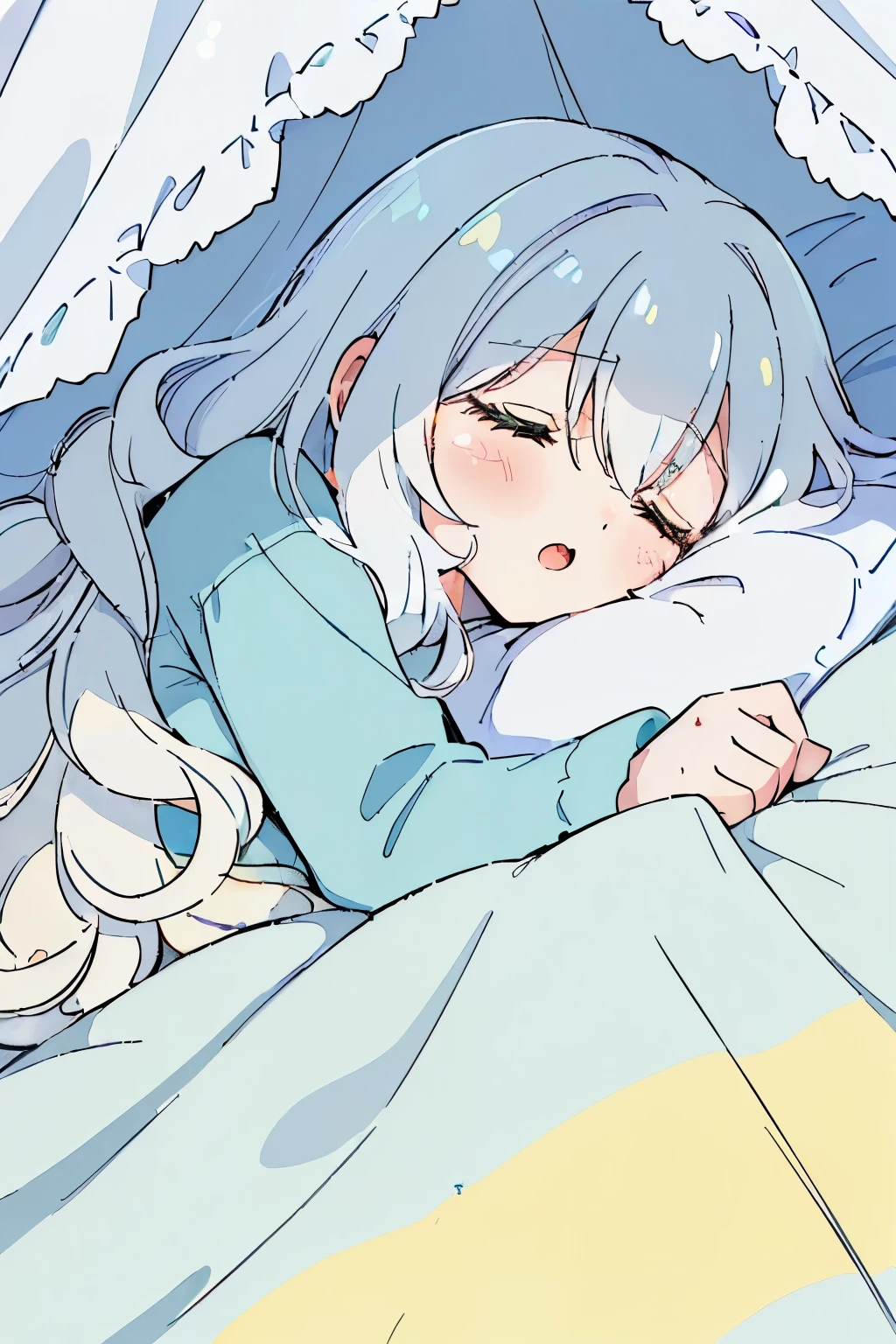 (Fluffy and sparkling bedroom),(bed with canopy:1.4),(sleeping with a blanket over:1.4),(A fluffy and warm blanket:1.3),blush,Chibi,cute,girl,Happy sleeping face,(Sleeping with your eyes closed:1.3),(A sluggish face with an open mouth:1.3),(close up of face:1.3),(Fluffy white hair with a lot of hair:1.3),(Long curly hair with plenty of volume:1.3),(pajamas loungewear:1.2),(Going to bed:1.5),(♡:1.4),(sleep on your back:1.35),(light blue, white and yellow green:1.2),