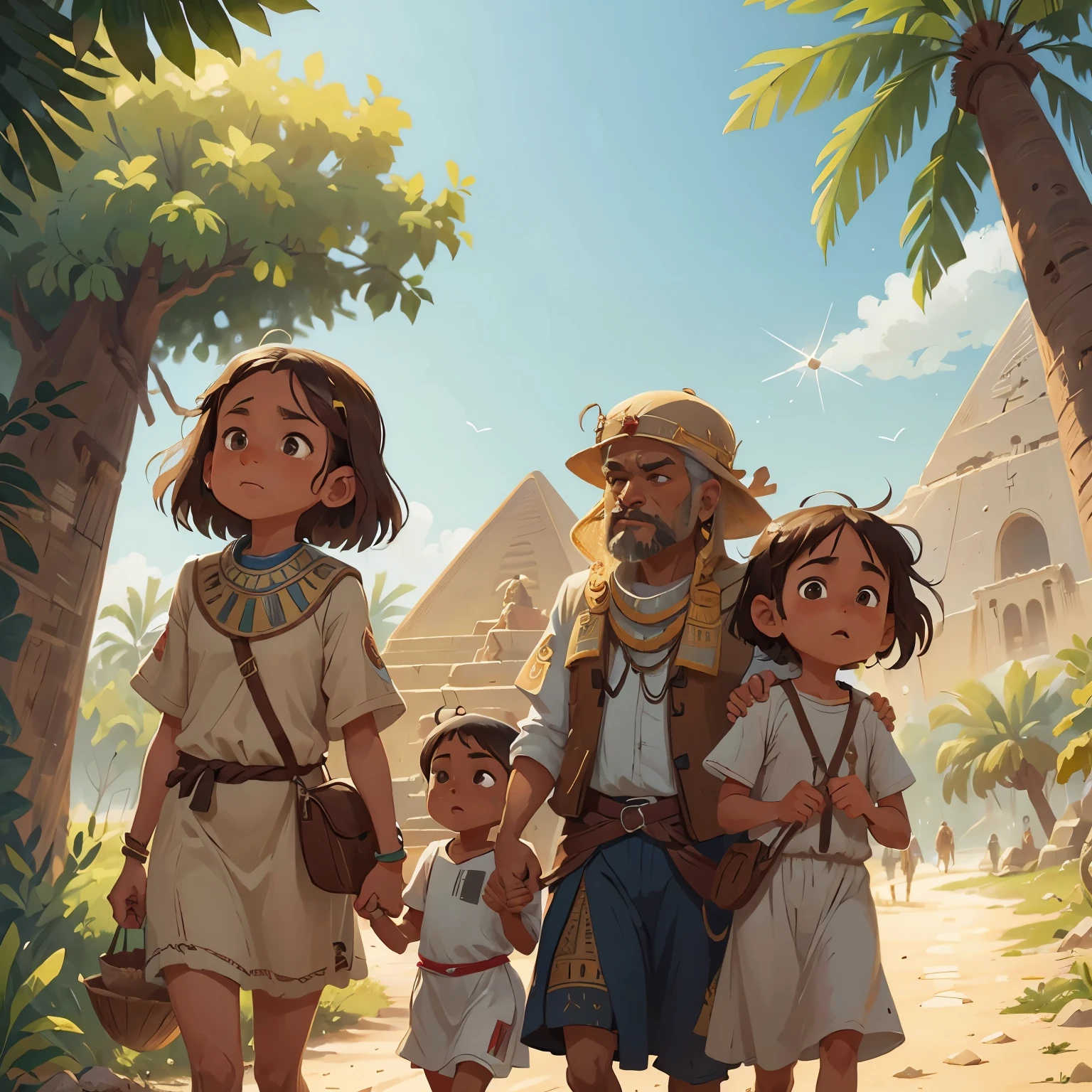 Viejos y adultos, gente saliendo/escapando de Egipto y de los faraones y de los egipcios, time before Christ historical, ancient slave tunics, fondo arenoso, Egyptian pyramids, esfinges egipcias, no trees no vegetation