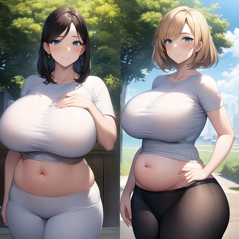 ((masterpiece)), ((best quality)), (ultra-detailed), beautiful face, detailed hands, expressive eyes, (realistic), 2girls, (mother and daughter), age difference, mature female, milf, motherly, huge breasts, narrow waist, wide hips, curvy, straight hair, short hair, blonde hair, blue eyes, white t-shirt, black pants, pregnant, hands on belly, smile, outdoors