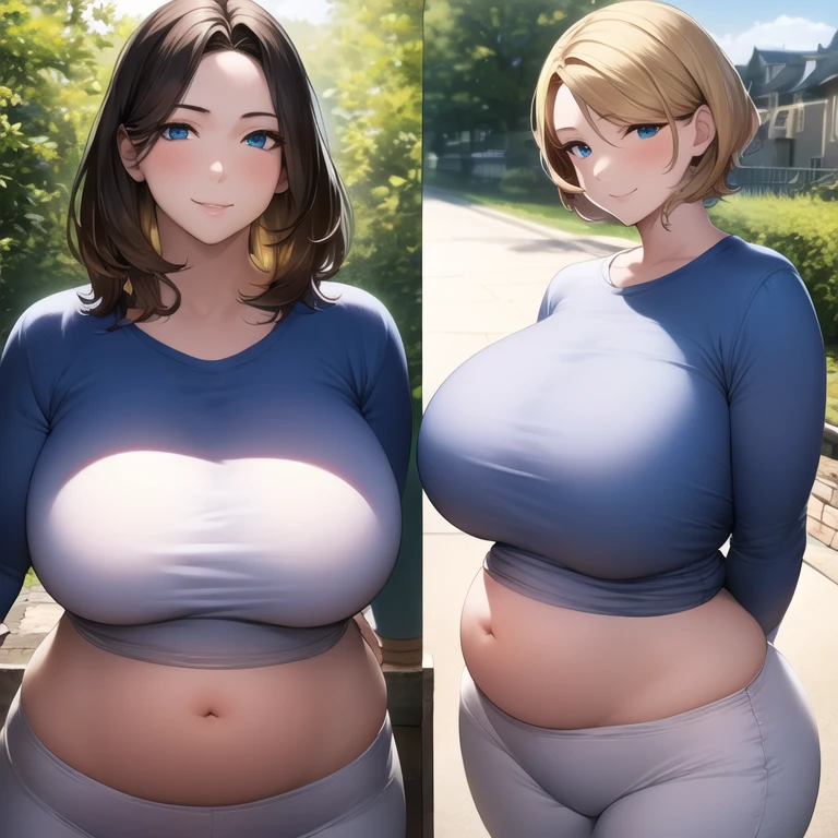 ((masterpiece)), ((best quality)), (ultra-detailed), beautiful face, detailed hands, expressive eyes, (realistic), 2girls, child, mother and daughter, age difference, mature female, milf, motherly, huge breasts, narrow waist, wide hips, curvy, straight hair, short hair, blonde hair, blue eyes, white t-shirt, black pants, pregnant, hands on belly, smile, outdoors