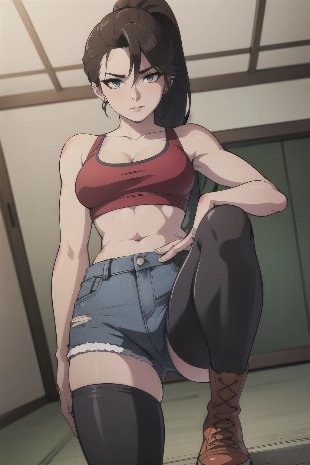 ((Best quality)), ((masterpiece)), (detailed), perfect face athletic body, red sports tight tank top, blue denim shorts, blue shorts over black tights, elastic breasts, Brown hair, ponytail hair, damp basement, blue denim shorts over black leather pants, Dark indoors
