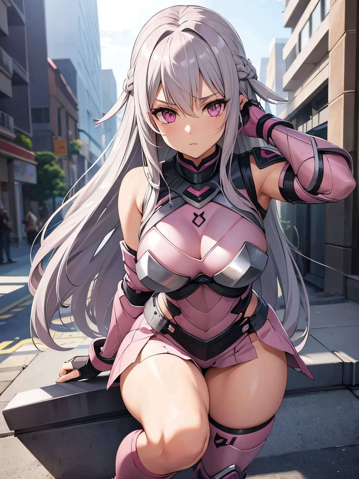 gray hair　Pink mesh color　pink eyes　armor　beautiful girl　battle　battle　thighs　long hair　