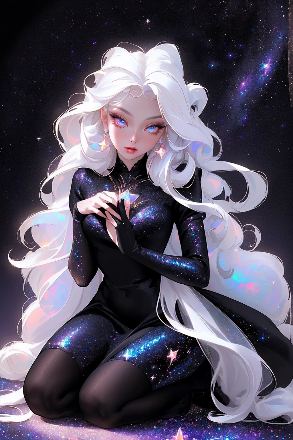 {-erro_de_anatomia:1.0} masterpiece, highest quality, (perfect face:1.1, (high detail)1.1, sweet stardust vampire , long soft white hair, opal eyes, perfectly drawn face, black dress, stars detailed background, prismatic lighting, glitter, whole bod., Very sexy, kneeling holding a star in her hands
