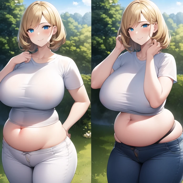 ((masterpiece)), ((best quality)), (ultra-detailed), beautiful face, detailed hands, expressive eyes, (realistic), 2girls, (child), mother and daughter, age difference, (mature female, milf, motherly, huge breasts, narrow waist, wide hips, curvy, straight hair, short hair, blonde hair, blue eyes, white t-shirt, black pants, pregnant, hands on belly, smile), outdoors