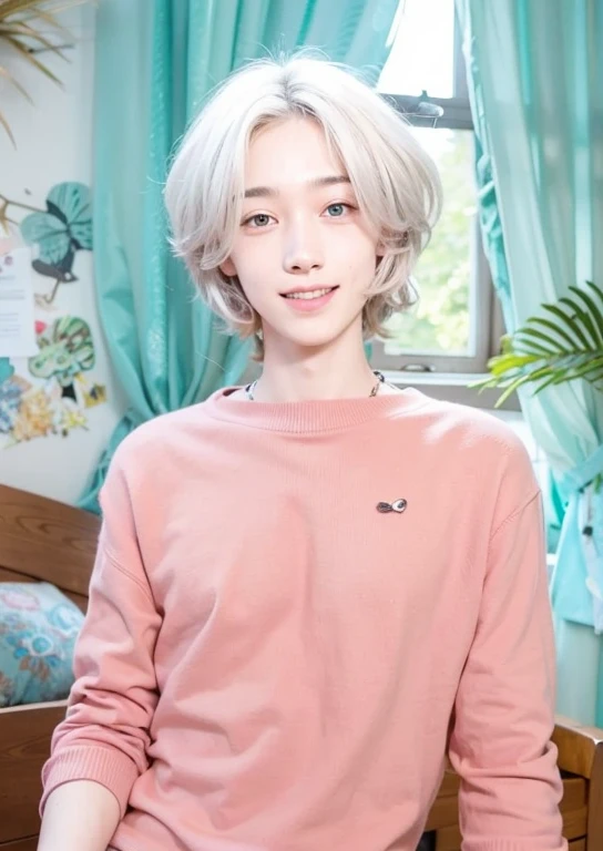 Young adult male, medium length white hair, pink sweater, green and blue heterochromia, cute smile