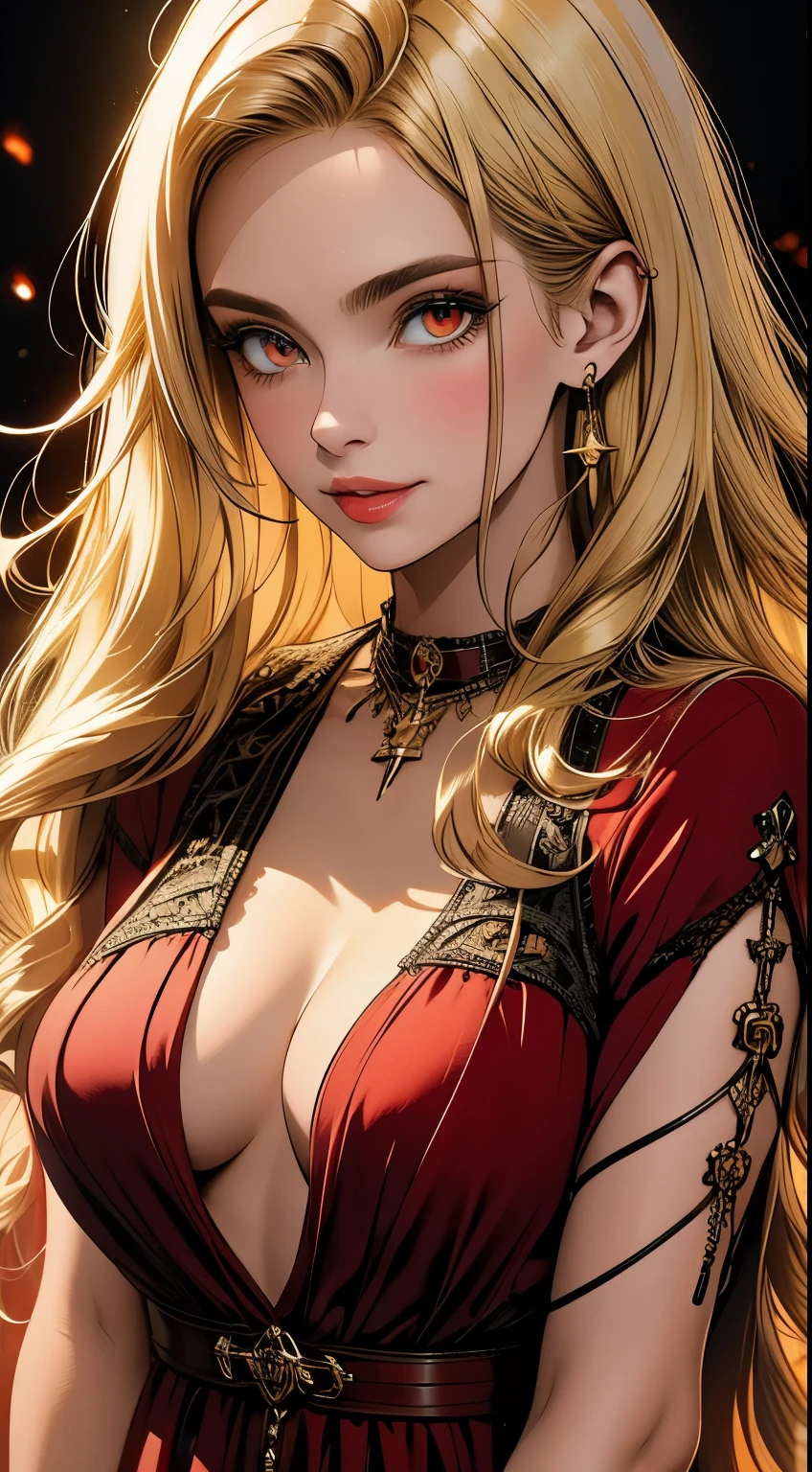 Beautiful woman, blonde hair, red eyes, natural perfect breast, cleavage, highly detailed, hazy background,, vintage, dark fantasy,red dress