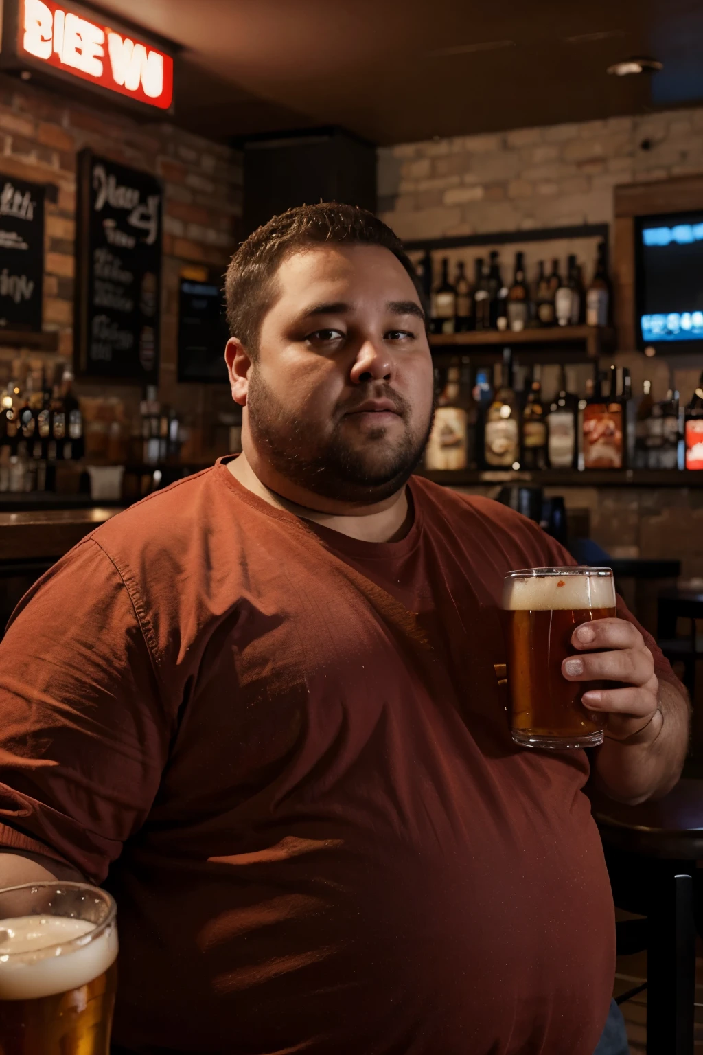 Make a man with obesity

This man must be wearing red clothing.

He must be inside a bar

He's drinking beer

Ultra realistic photo, qualidade 8k, fullhd