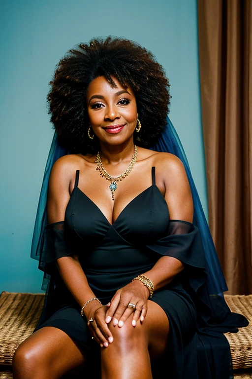 fotografia de uma mulher cigana, pele negra, com mais de 60 anos, (sitting with legs crossed), Pele texturizada, cabelo afro negro, vestido azul longo, with veil and lots of jewelry.