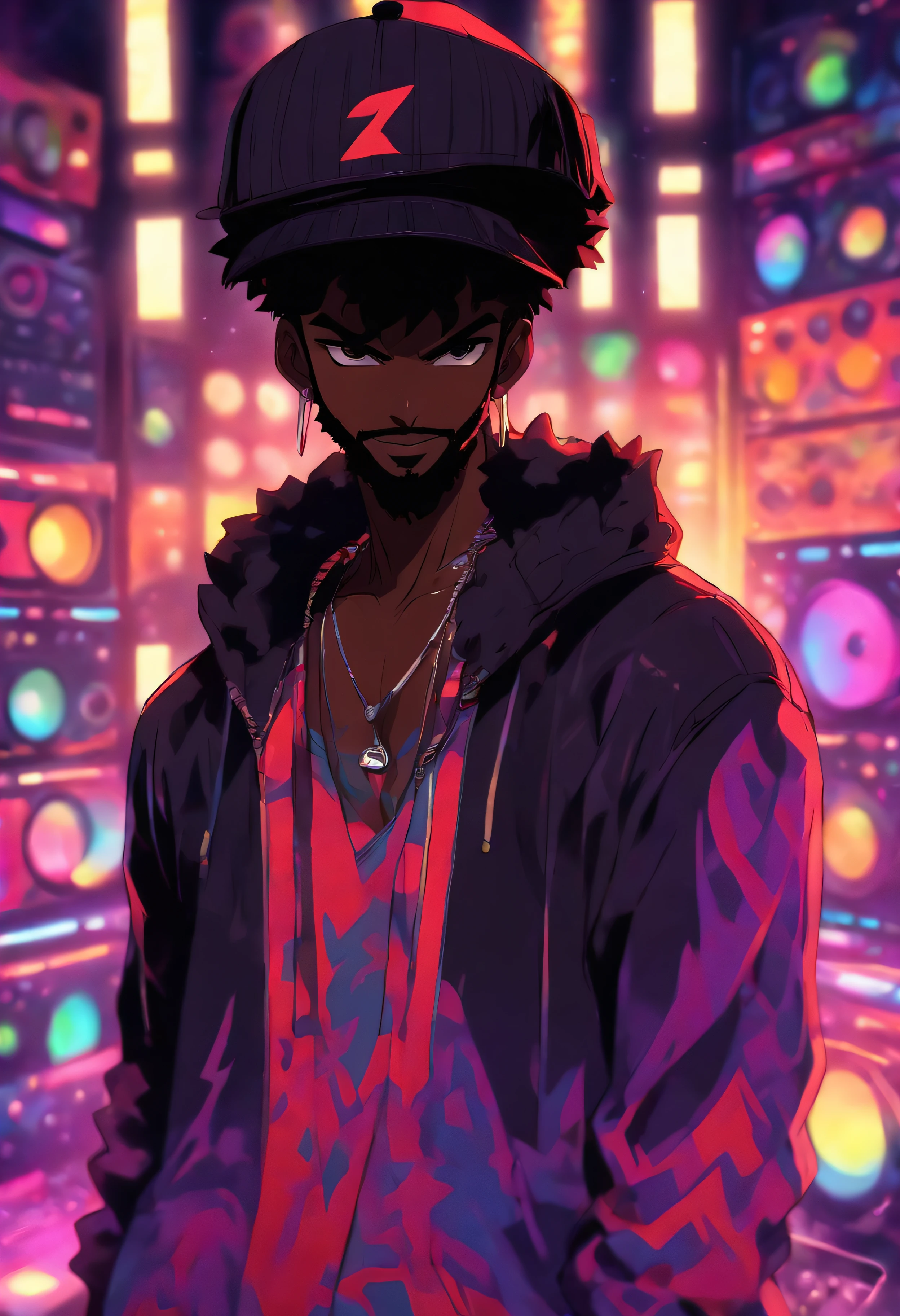 tall black man standing in a music studio, black skin, cheeky smile, wearing a black cap, short black beard, short hair, high resolution