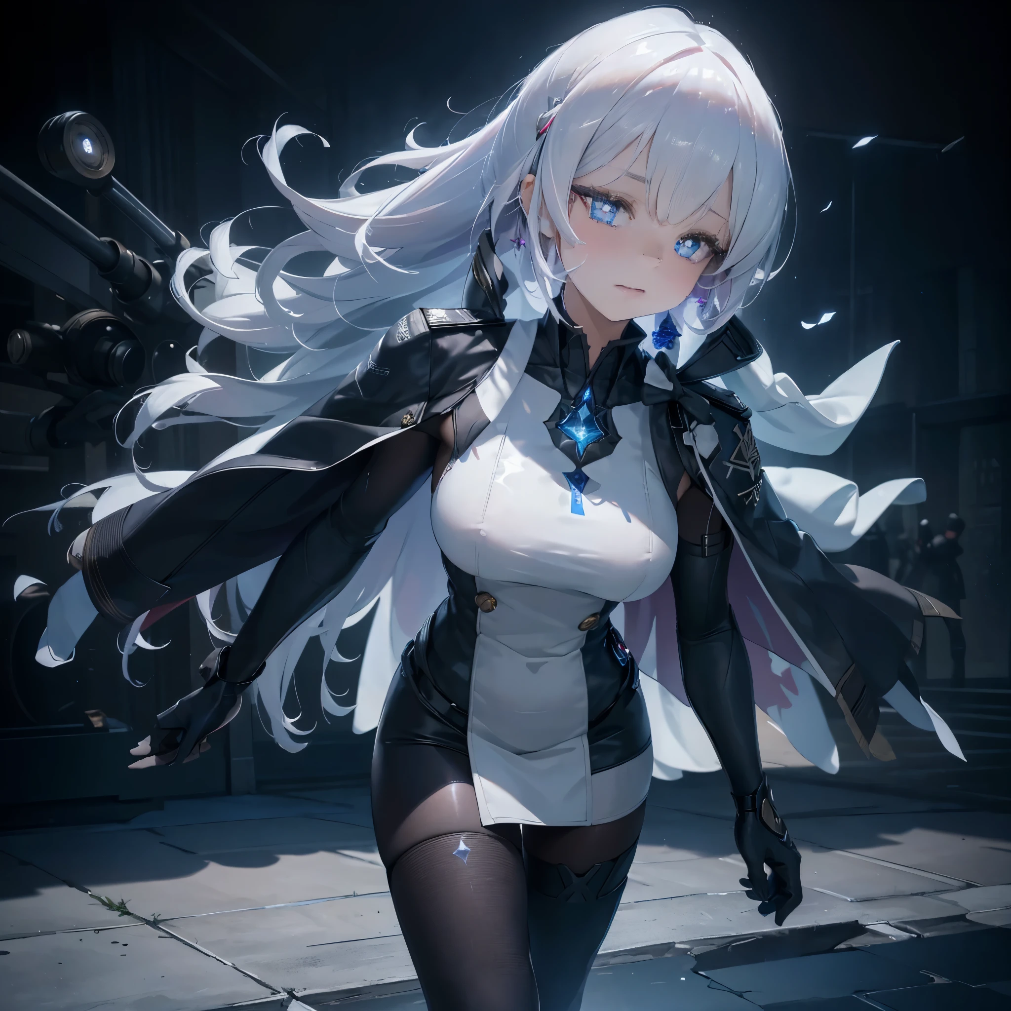 1 Girl, Solo , Alone, A Single Person, Face Close Up, Big Chest, Violet Eyes, mecha , Clothing , mechasuit , armed girl ,mecha_musume , mecha girl , Hair accessories, White Bob Hair, Short Hair, Silver Hair, Bang, hair between eyes, military uniform, black dress, cape, White gloves, pantyhose, high heel boots, Explosion, Salute Pose, Standing, In the Sky, Blue Sky, ((Best quality)), ((masterpiece)), 3D, HDR (High Dynamic Range),Ray Tracing, NVIDIA RTX, Super-Resolution, Unreal 5,Subsurface scattering, PBR Texturing, Post-processing, Anisotropic Filtering, Depth-of-field, Maximum clarity and sharpness, Multi-layered textures, Albedo and Specular maps, Surface shading, Accurate simulation of light-material interaction, Perfect proportions, Octane Render, Two-tone lighting, Wide aperture, Low ISO, White balance, Rule of thirds,8K RAW, Aura, masterpiece, best quality, Mysterious expression, magical effects like sparkles or energy, flowing robes or enchanting attire, mechanic creatures or mystical background, rim lighting, side lighting, cinematic light, ultra high res, 8k uhd, film grain, best shadow, delicate, RAW, light particles, detailed skin texture, detailed cloth texture, beautiful face, (masterpiece)