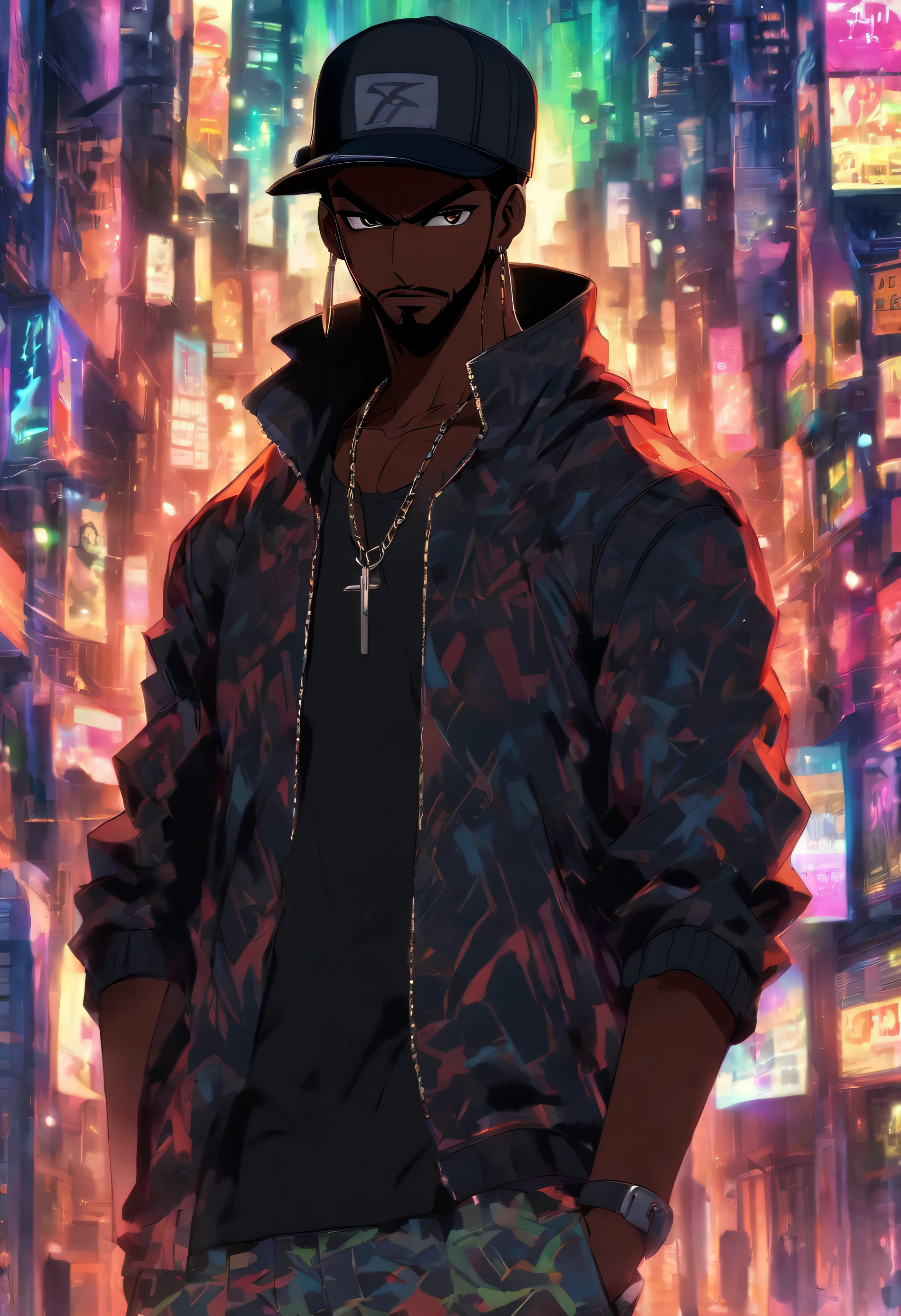 tall black man standing in a city full of sound speakers, black skin, troublesome smile, wearing a black cap, short black beard, short hair, high resolution