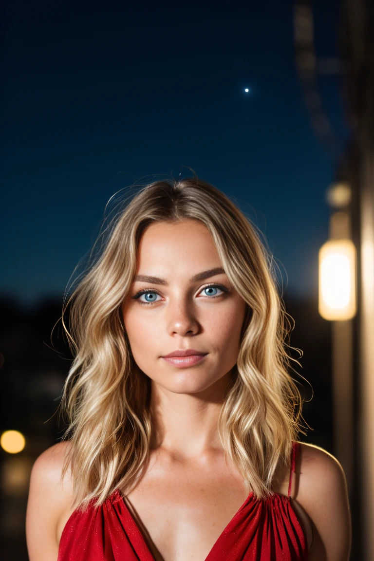RAW uhd closeup portrait of a 24-year-old blonde, natural long blonde hair, locks, wavy, (blue-eyed woman) in an apartment, new york background, night starry sky, ,breasts naturais_b, city night background, (red summer dress), (neckline), detailed (textures!, hair!, brightness, color!, imperfections:1.1), highly detailed bright eyes, (looking at the camera),  specular lighting, dslr, ultra quality, sharp focus, sharp, dof, film grain, (centered), Fujifilm XT3, crystal clear, center of frame, cute face, sharp focus, light pole, neon lights, bokeh, (dimly lit), low key, at night, (night sky)