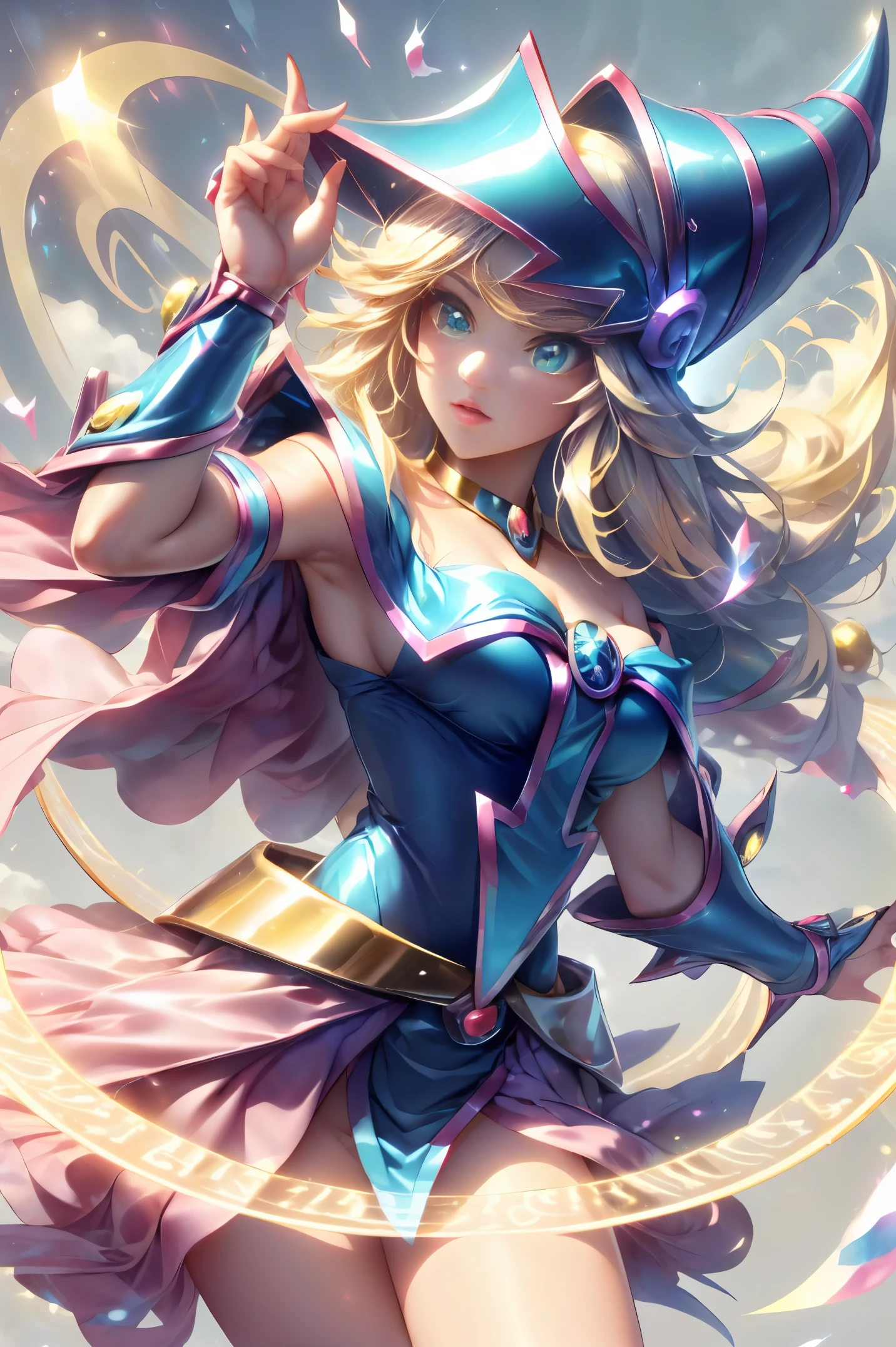 Dark magician gils vestida como la diosa arena de Saint Seiya. Vestido blanco, ajustado, blanco. Cabello rubio. Ojos azules. Labios rojos. Cuerpo completo. Fondo de Athena. Pose sensual y inocente. Magic circle around you. Heart magic in the air. 