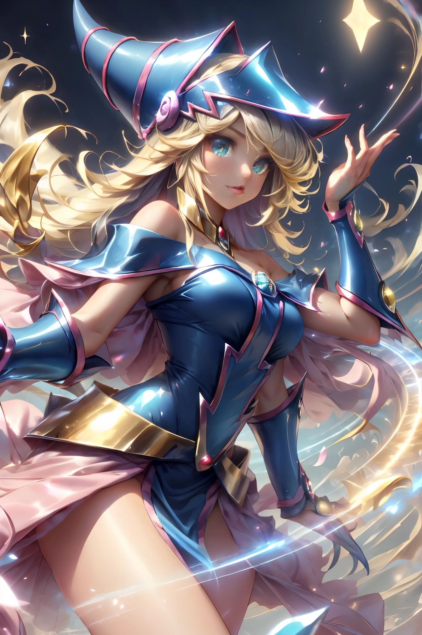 Dark magician gils vestida como la diosa arena de Saint Seiya. Vestido blanco, ajustado, blanco. Cabello rubio. Ojos azules. Labios rojos. Cuerpo completo. Fondo de Athena. Pose sensual y inocente. Magic circle around you. Heart magic in the air. 