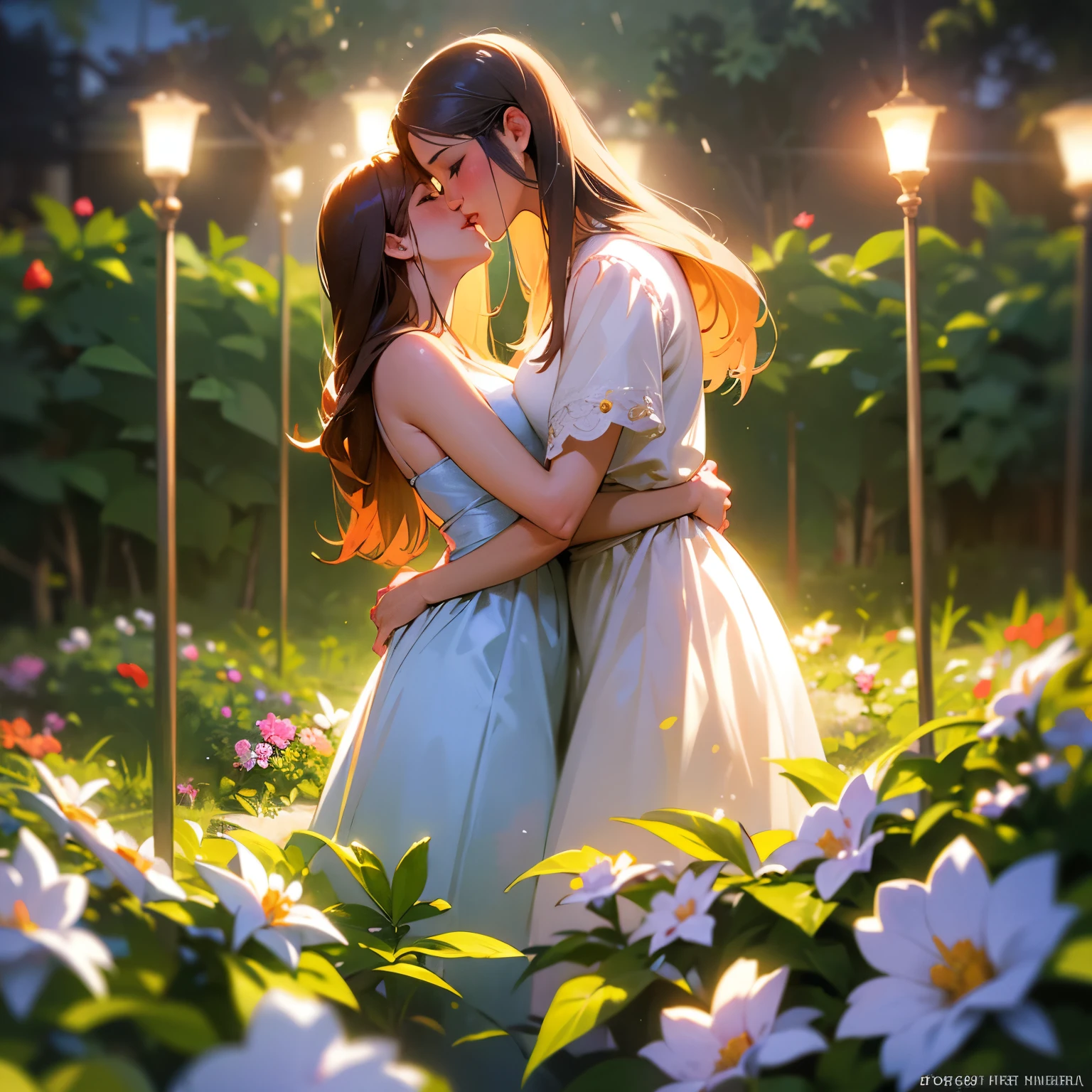 (best quality, ultra-detailed), 2girls, detailed lips, intimate atmosphere, soft lighting, erotic, emotional, beautiful garden, colorful flowers, gentle breeze, tender moment, passionate kiss, realistic, vivid colors, bokeh