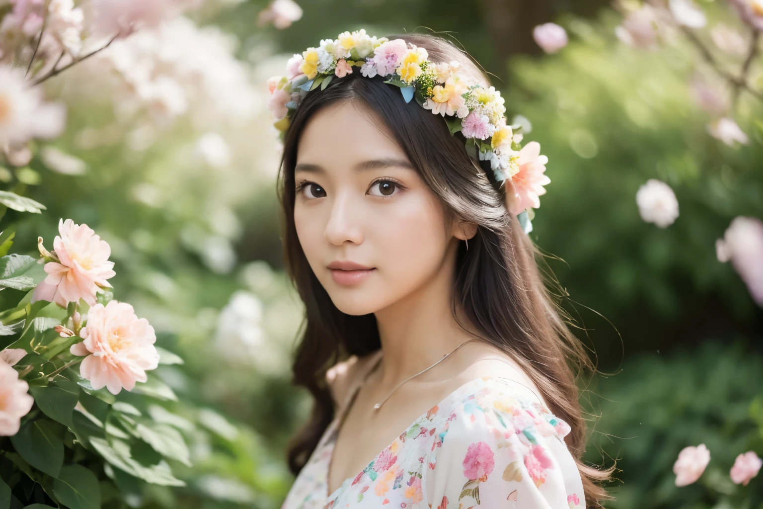 Asian woman Wearing floral maxi dress with pastel hues.Incorporate a flower crown with delicate blooms.Concept: Capture the essence of a blooming garden, with soft sunlight filtering through petals.
Nikon d850 85 mm high angle shot looking towards the camera