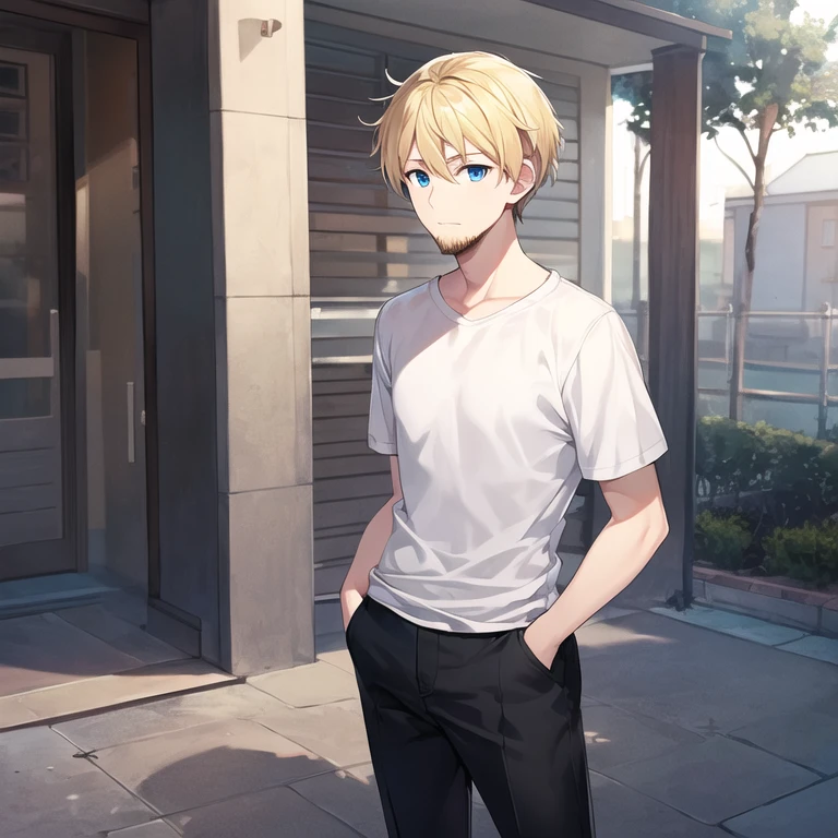 masterpiece, best quality, 1boy, solo, mature male, straight hair, short hair, blonde hair, beard, blue eyes, white t-shirt, black pants, hands in pockets, outdoors