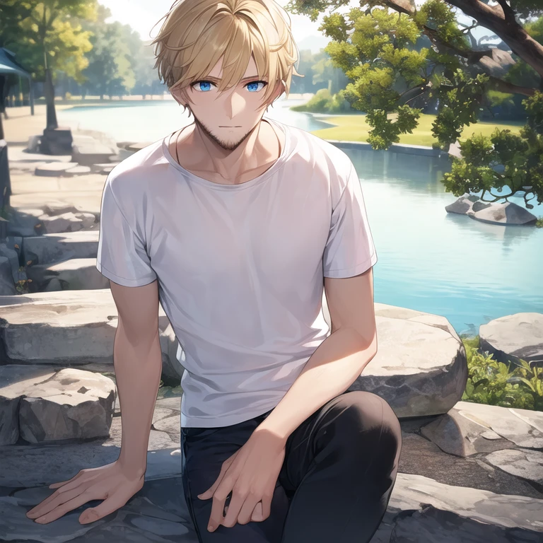 masterpiece, best quality, 1boy, solo, mature male, straight hair, short hair, blonde hair, beard, blue eyes, white t-shirt, black pants, hands in pockets, outdoors