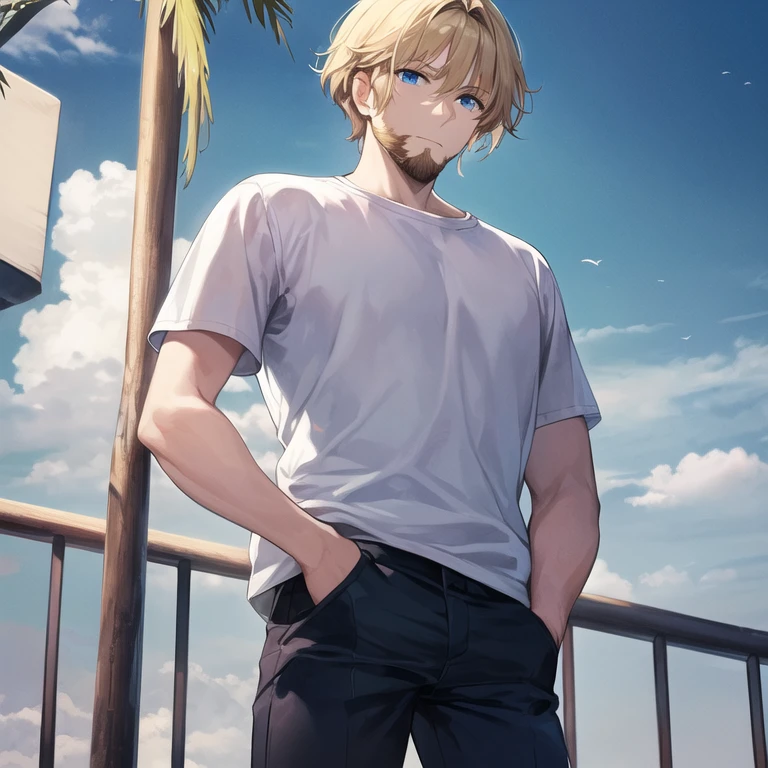 masterpiece, best quality, 1boy, solo, mature male, straight hair, short hair, blonde hair, beard, blue eyes, white t-shirt, black pants, hands in pockets, outdoors