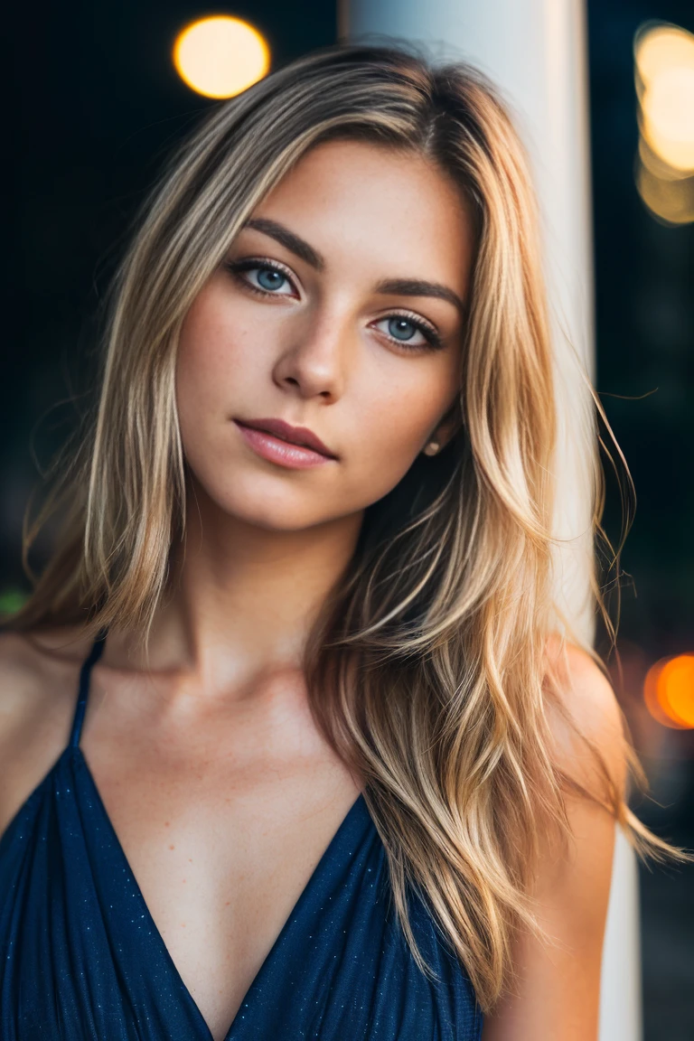 RAW uhd closeup portrait of a 24-year-old blonde, natural very long blonde hair, locks, wavy, (blue-eyed woman) in an apartment, new york background, night starry sky, ,breasts naturais_b, city night background, (red summer dress), (neckline), detailed (textures!, hair!, brightness, color!, imperfections:1.1), highly detailed bright eyes, (looking at the camera),  specular lighting, dslr, ultra quality, sharp focus, sharp, dof, film grain, (centered), Fujifilm XT3, crystal clear, center of frame, cute face, sharp focus, light pole, neon lights, bokeh, (dimly lit), low key, at night, (night sky)