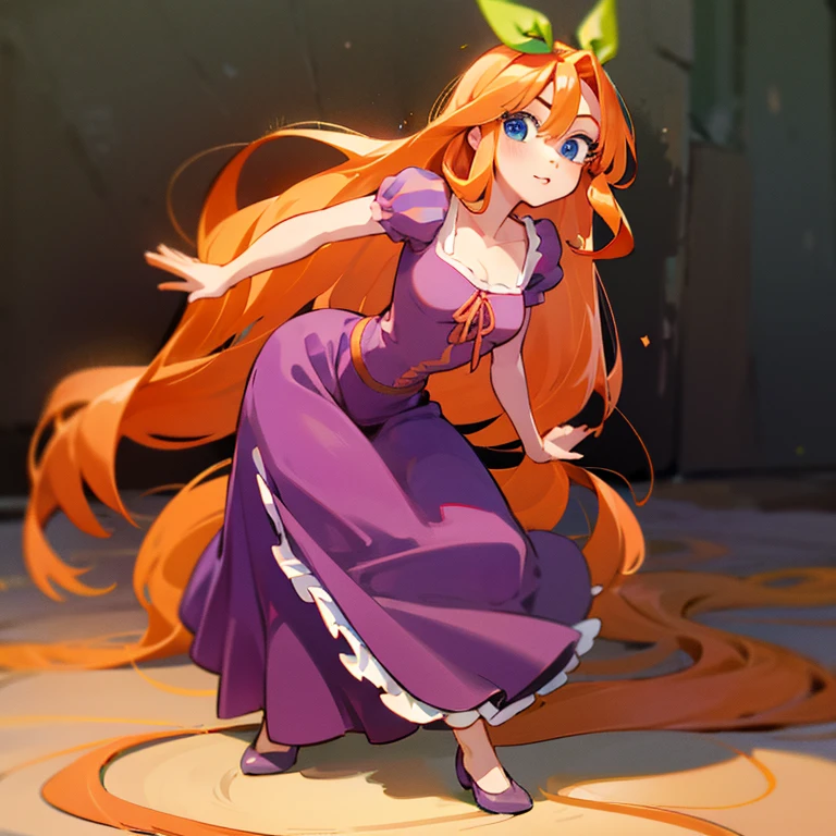 Fusion between Rapunzel from disney and Yotsuba Nakano, good fusion, excellent character design, masterpiece, 4k, perfect anatomy, perfect face, perfect eyes, 1girl, solo, full body, yotsuba nakano wearing rapunzel's dress, long long orange hair, red hair, pink hair, orange hair, extremely long hair, green ribbon on hair, hair ribbon, blue eyes, athletic, muscular, purple rapunzel dress