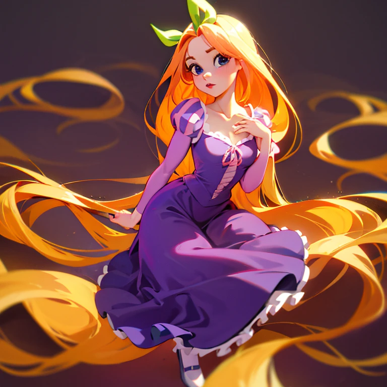 Fusion between Rapunzel from disney and Yotsuba Nakano, good fusion, excellent character design, masterpiece, 4k, perfect anatomy, perfect face, perfect eyes, 1girl, solo, full body, yotsuba nakano wearing rapunzel's dress, long long orange hair, red hair, pink hair, orange hair, extremely long hair, green ribbon on hair, hair ribbon, blue eyes, athletic, muscular, purple rapunzel dress