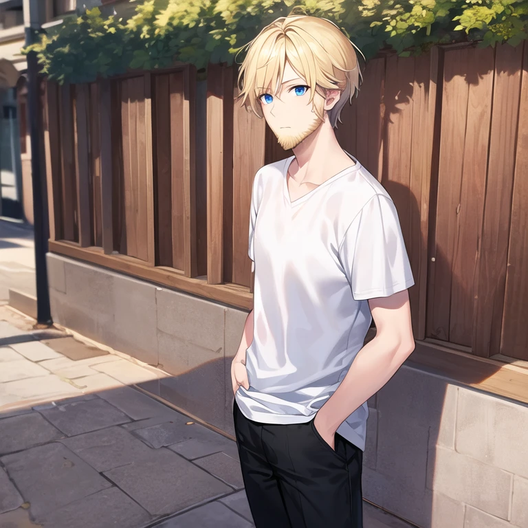 masterpiece, best quality, 1boy, solo, mature male, straight hair, short hair, blonde hair, beard, blue eyes, white t-shirt, black pants, hands in pockets, outdoors
