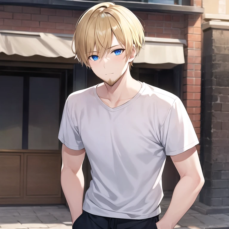 masterpiece, best quality, 1boy, solo, mature male, straight hair, short hair, blonde hair, beard, blue eyes, white t-shirt, black pants, hands in pockets, outdoors