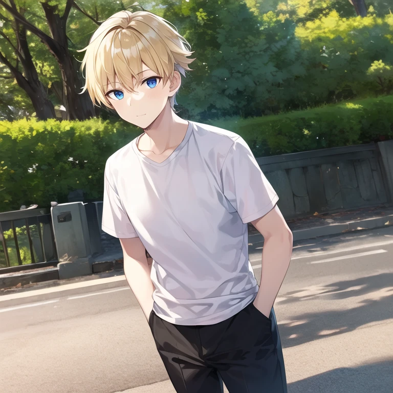 masterpiece, best quality, 1boy, solo, mature male, straight hair, short hair, blonde hair, beard, blue eyes, white t-shirt, black pants, hands in pockets, outdoors