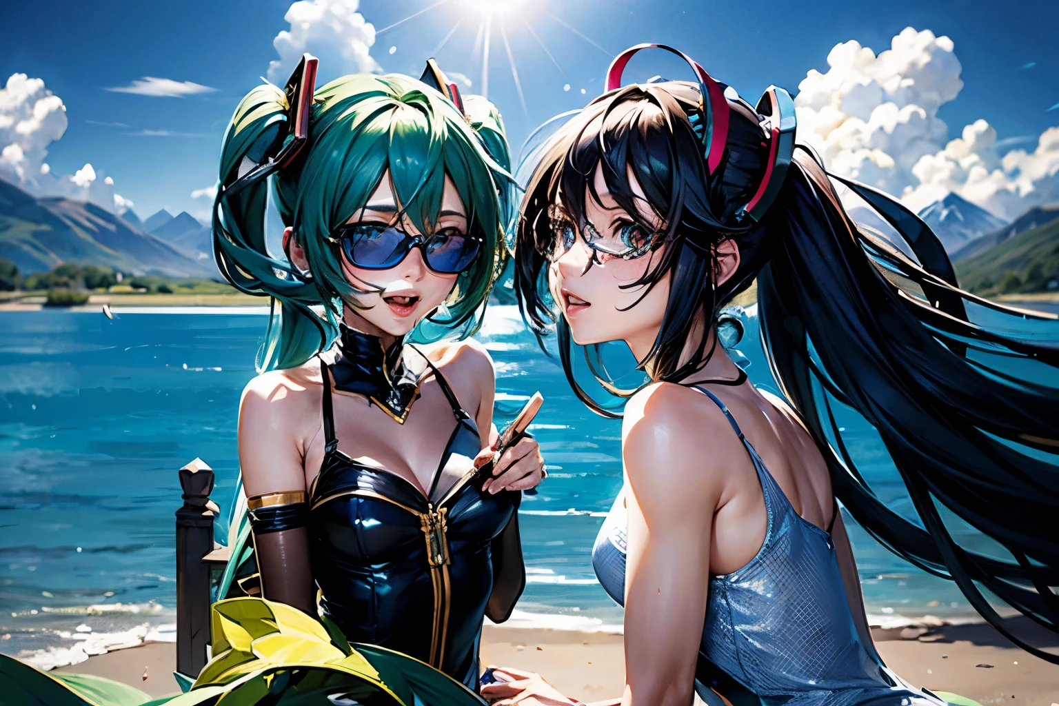 landscape scenery, grass, trees, mountains, blue sky, clouds, castles, town
AND 2girls, hatsune miku,
AND 2girls, sona (from league of legends),