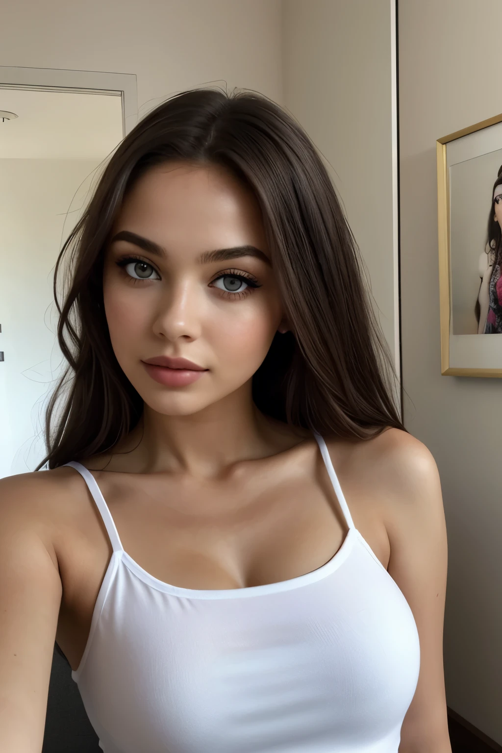 femme arafed avec débardeur et culotte assortis, fille sexy aux yeux marrons, portrait sophie mudd, cheveux noirs et grands yeux, au club, Selfie d'une jeune femme, Augen dans la chambre, violette myers, sans maquillage, maquillage naturel, Regarder directement dans la caméra, Visage avec Artgram, maquillage subtil, superbe photo de tout le corps, dans la chambre, clivage