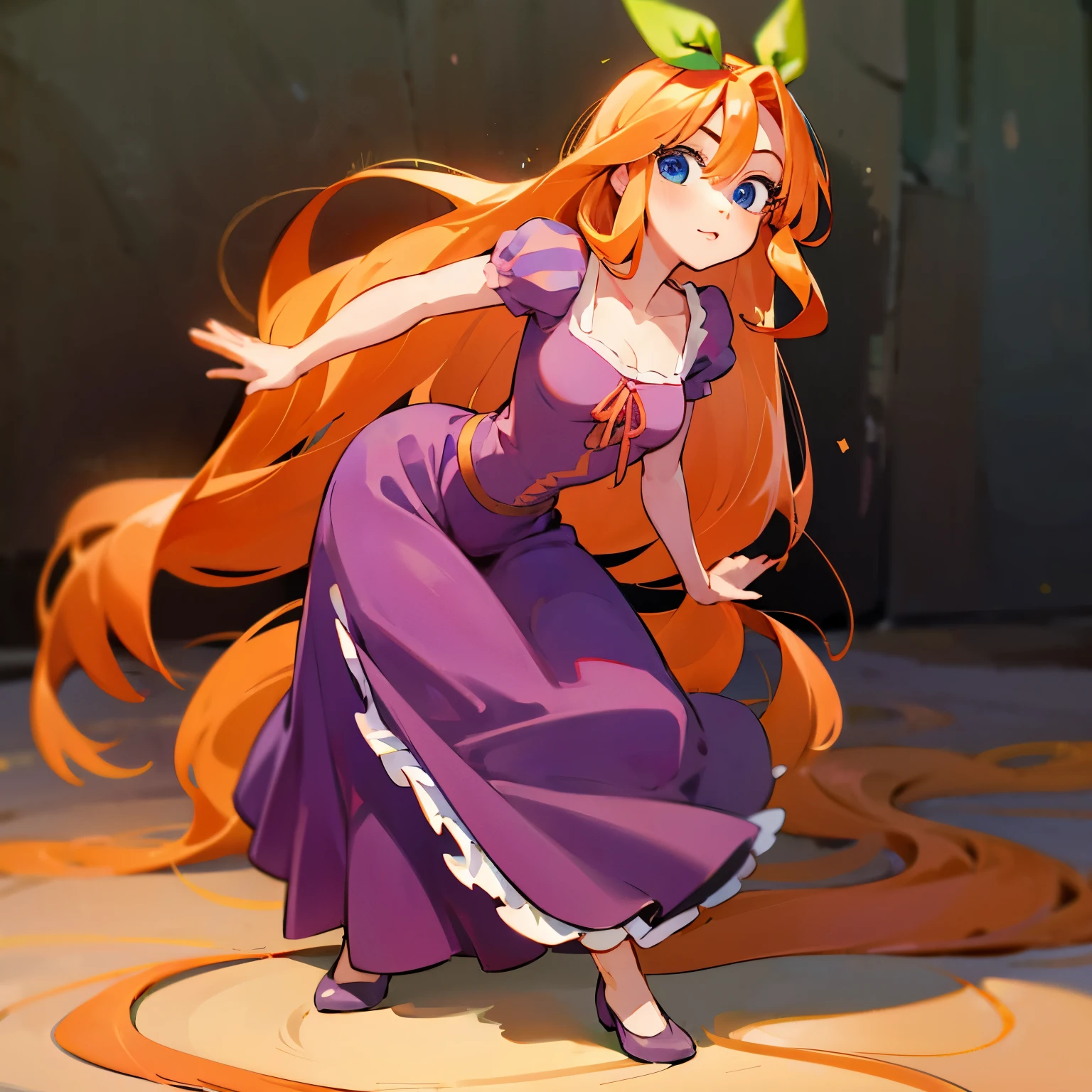 Fusion between Rapunzel from disney and Yotsuba Nakano, good fusion, excellent character design, masterpiece, 4k, perfect anatomy, perfect face, perfect eyes, 1girl, solo, full body, yotsuba nakano wearing rapunzel's dress, long long orange hair, red hair, pink hair, orange hair, extremely long hair, green ribbon on hair, hair ribbon, blue eyes, athletic, muscular, purple rapunzel dress