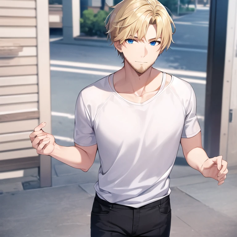 masterpiece, best quality, 1boy, solo, mature male, straight hair, short hair, blonde hair, beard, blue eyes, white t-shirt, black pants, outdoors