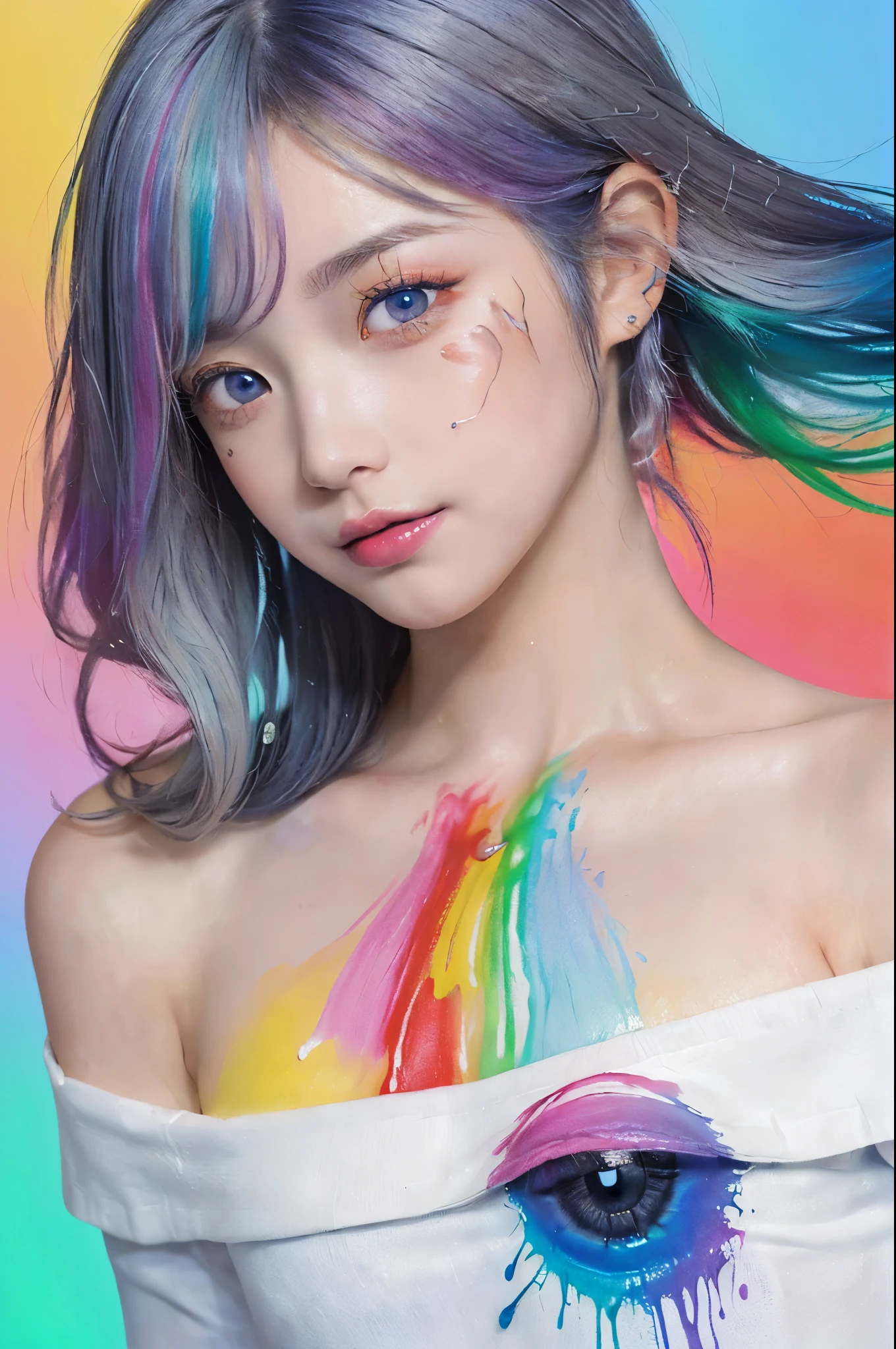 (Pink fashion T-shirt:1.9),(colorfulな髪: 1.8), (all the colours of the rainbow: 1.8),(((((vertical painting:1.6))), (painting:1.6),front, comics, figures, paintings, Big eyes, clear eyes,( rainbow color gradient high ponytail:1.7), Exquisite makeup, closed mouth,(Small Fresh: 1.5),(Wipe Chest: 1.6) ,long eyelashes, white off shoulder T-shirt, White shoulder shirt,looking at the audience, Large watery eyes, (rainbow colored hair:1.6), カラーsplash, (alone:1.8), カラーsplash, explosion of colors, thick paint style, Messy lines, ((shining)),(colorful), (colorful), (colorful), colorful, Thick paint Style, (splash) (Color splash), Vertical painting, Upper body, paint splash, Acrylic Pigment, Slope, paint, best image quality, highest quality, masterpiece, alone, Depth of bounds written, Face paint, colorful clothes, (elegant: 1.2), nice,long hair, Wind, (elegant: 1.3), (petal: 1.4),(((masterpiece))),(((highest quality))),((super detailed)),(figure),(dynamic angle),((floating)),(paint),((messy hair)),(alone),(1 girl) , (((Detailed anima face))),((beautiful detailed face)),collar,bare shoulders,gray hair, ((colorful hair)),((striped hair)),beautiful and fine eyes,(Slope color eyes),(((colorful eyes))),(((colorful background))),(((high color saturation))),(((surrounded by colorful splashes))),