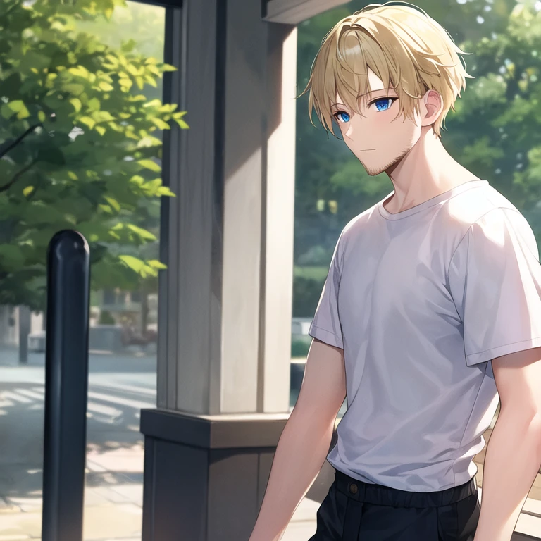 masterpiece, best quality, 1boy, solo, mature male, straight hair, short hair, blonde hair, beard, blue eyes, white t-shirt, black pants, outdoors