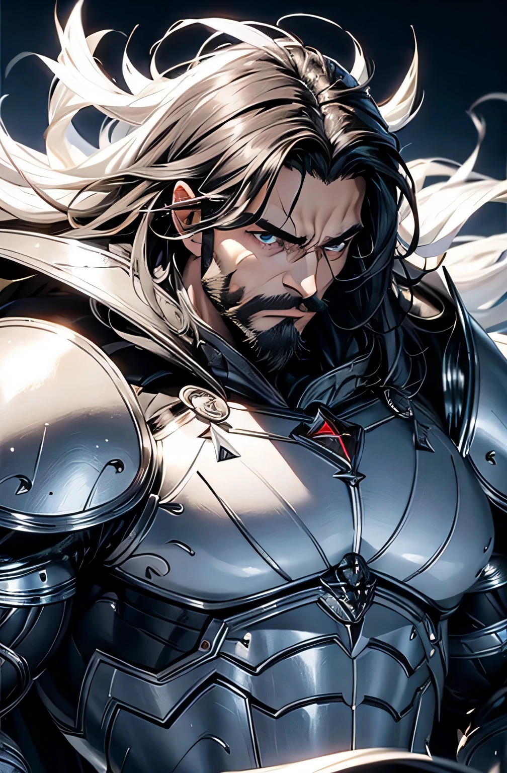 a male king, white male, jet black hair, long messy hair,  strong eyebrow, sharp eyes, beared, full facial hair, strong expression, killer, wearing silver armor and cape, giant shoulder, giant muscle, lots muscle, holding sword, black hourse behind, castle 