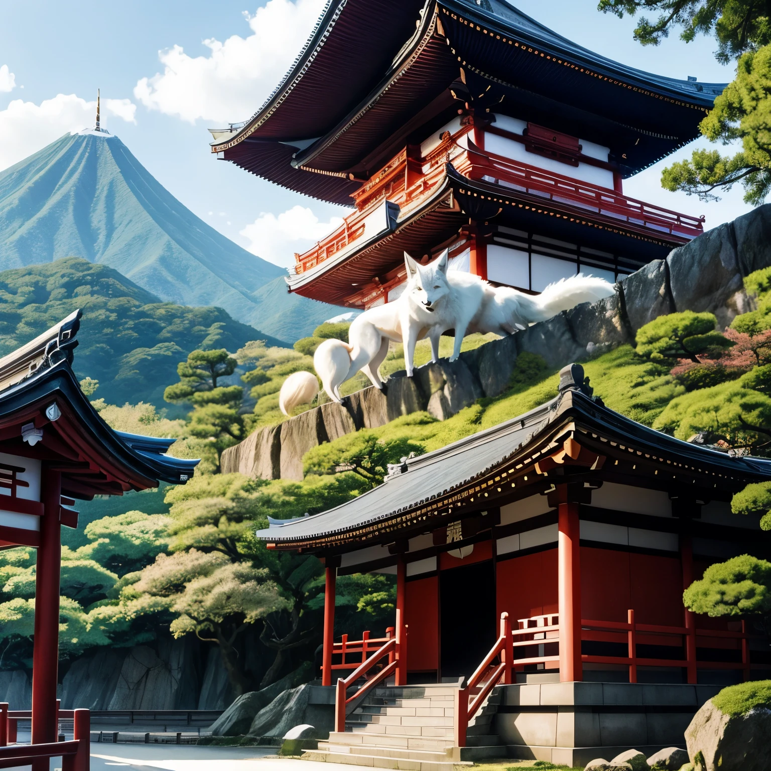 Eine geheimnisvolle japanische Landschaft mit einem Tempel und einem neuen, Tailed white fox demons