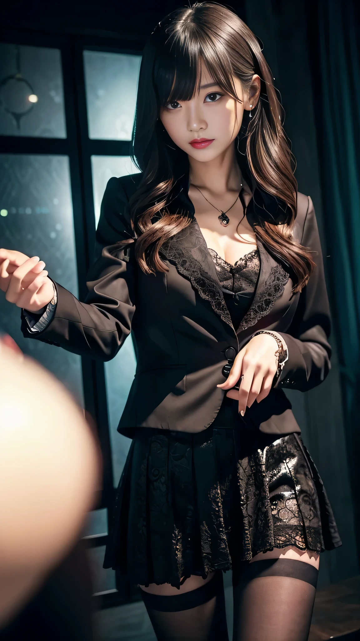 Super detailed、Japanese、charming beauty、Dainty woman、sharp eyes、cool girl、wavy hair、suit、Jacket、blouse、Tight Skirt、black pantyhose、evil female executive、evil depravity、brainwashing、Mind control、lacy fabric、Shiny legs、lipstick、have lip gloss、grin、邪evilなな表情、evil、empty eyes、邪evilな、reach out your hand、in the darkroom、lure、meanwhile、evil hypnotizing scene, 2 girls, girl being hypnotized.